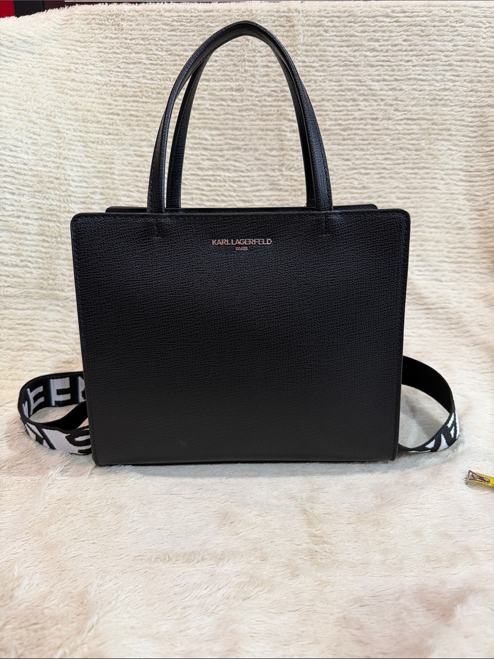 Karl Lagerfeld Black Pebbled Leather Tote with Logo Strap